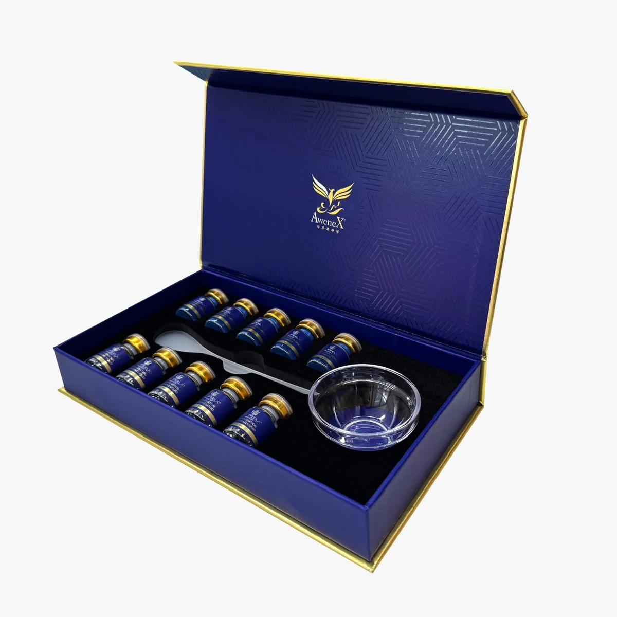 Set aperto blu BiopeelX Blue Series con polvere, liquido e accessori per l’applicazione