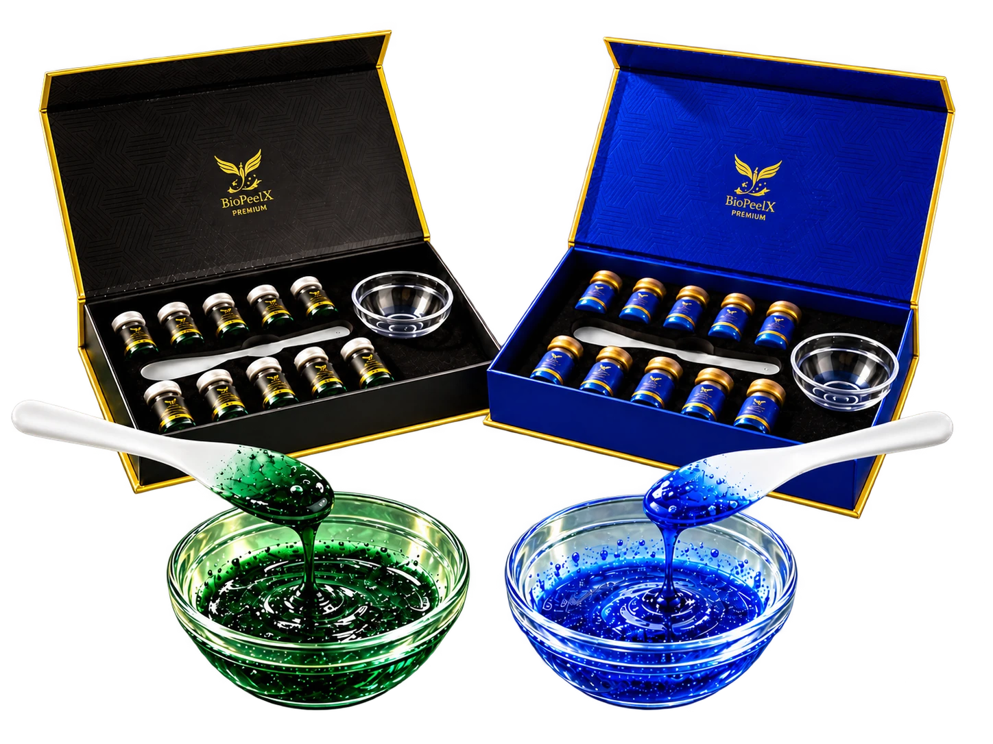 BiopeelX Premium and Blue Series: open product boxes with green and blue skincare in glass bowls